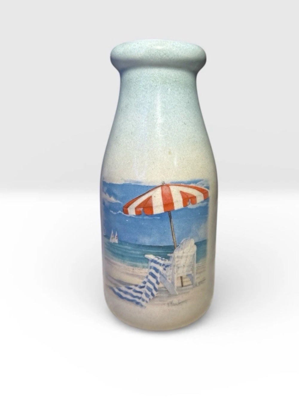 Paul Brent Coastal Beach Scene Ceramic Bud Vase 2001. Signed, Ocean view. 7x3